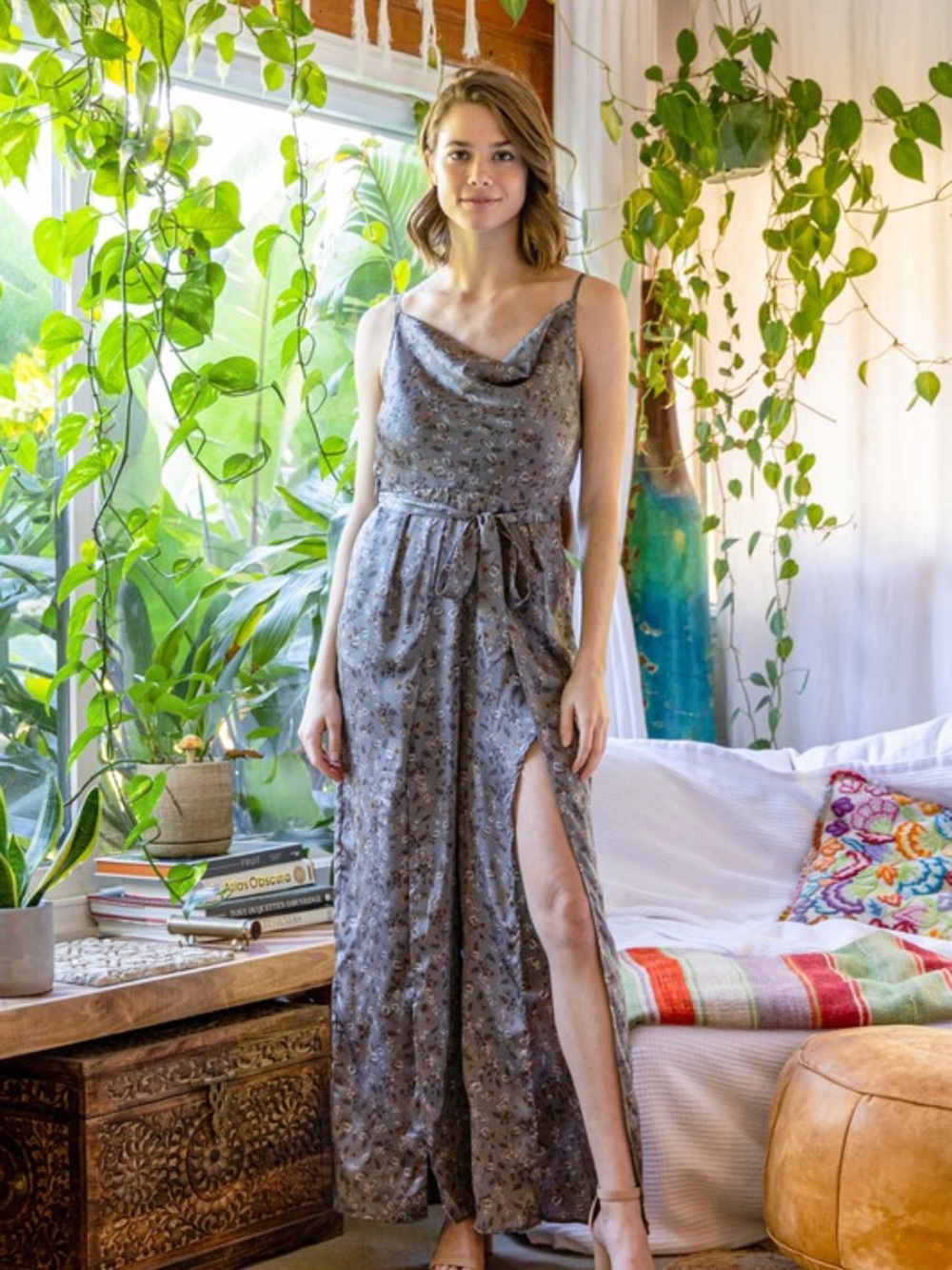 Flowy Floral Drape Neck Jumpsuit in Gray Satin